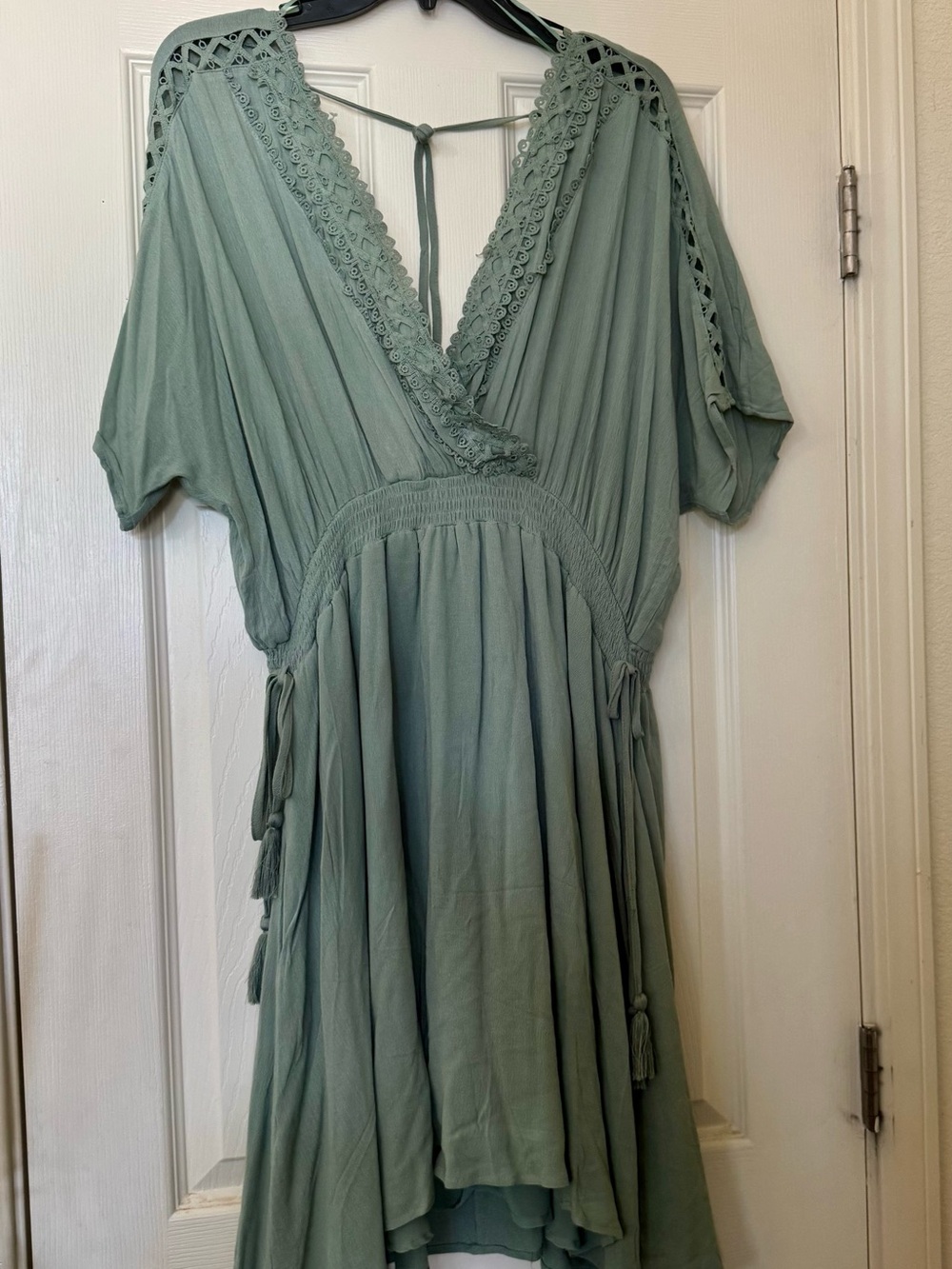 Sage Green V-Neck Boho Tassel Dress
